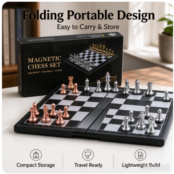 VOXIRA Magnetic Travel Chess Set, Foldable Chess Board with Rose Gold & Silver Magnetic Chess Pieces