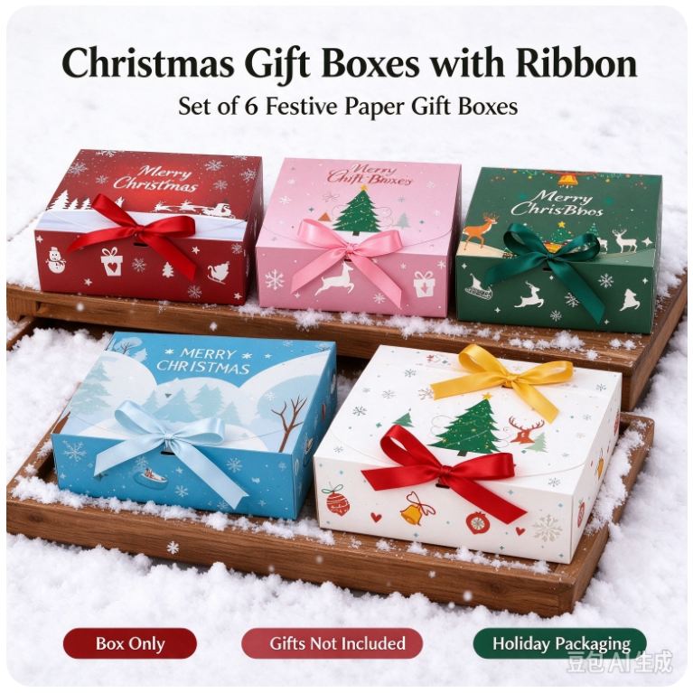 VOXIRA Christmas Gift Boxes with Ribbon, Assorted Xmas Favor Boxes
