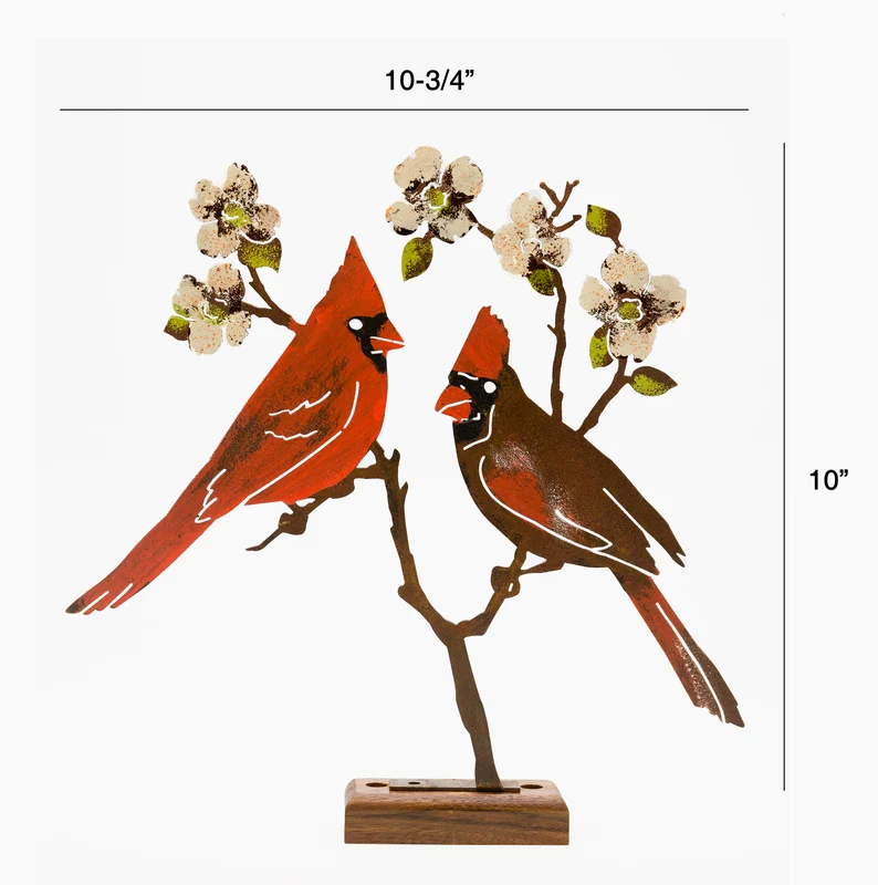 Cardinals on Flowering Dogwood Garden Art | Metal Hand Painted | Cardinal Silhouette