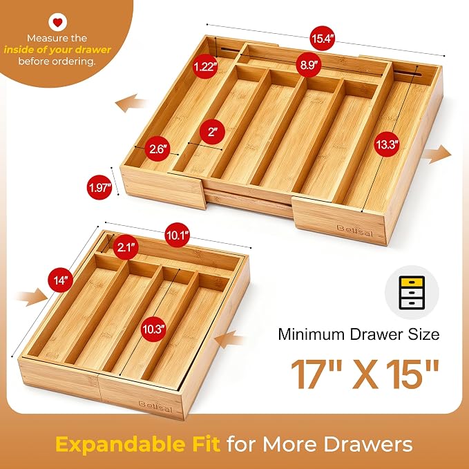 Silverware Organizer Kitchen Drawer Organizer Expandable Bamboo Utensil Holder Cutlery Tray for Kitchen Utensil and Flatware Bedroom Office