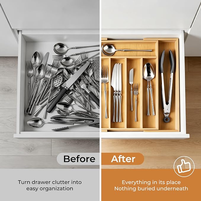 Silverware Organizer Kitchen Drawer Organizer Expandable Bamboo Utensil Holder Cutlery Tray for Kitchen Utensil and Flatware Bedroom Office