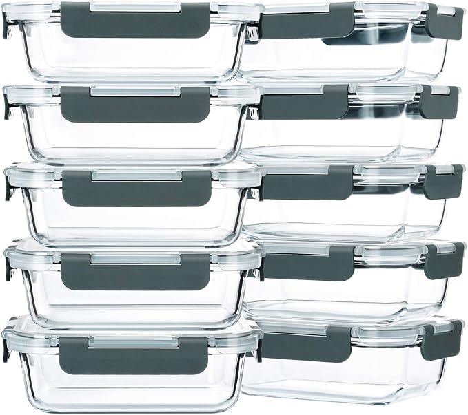 22 oz Glass Food Storage Containers with lids, Gray