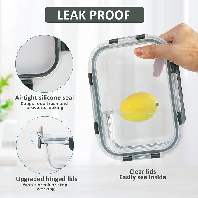 22 oz Glass Food Storage Containers with lids, Gray
