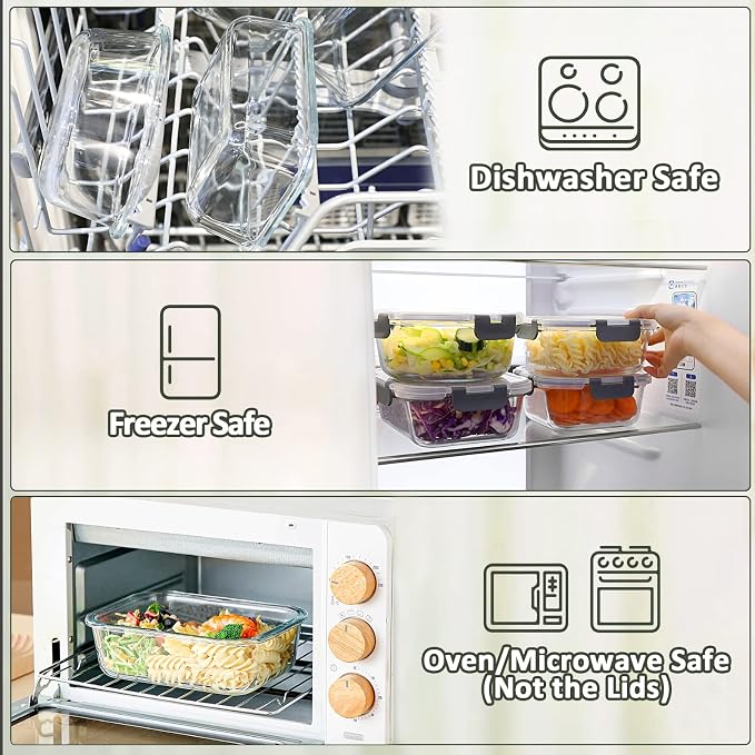 22 oz Glass Food Storage Containers with lids, Gray