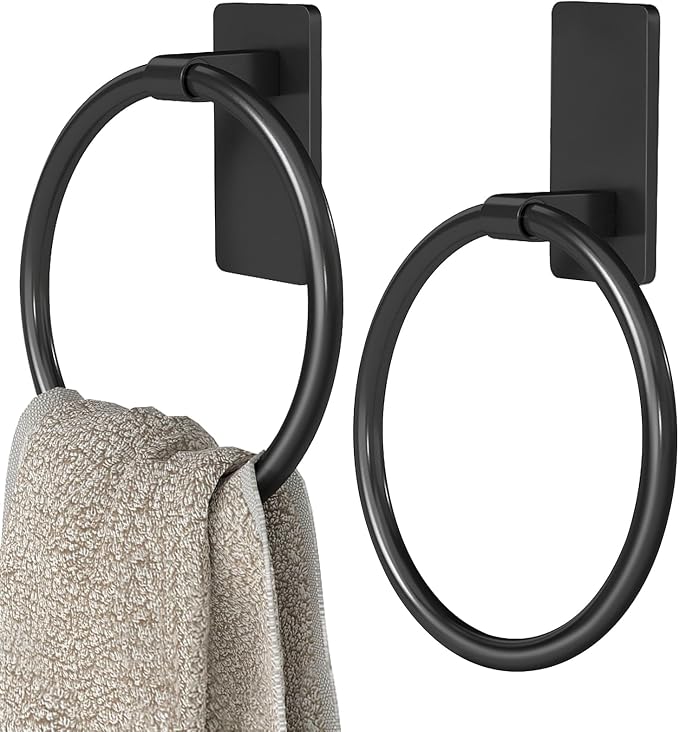 Black Hand Towel Holder for Bathroom, Adhesive Towel Rings, 2 Pack