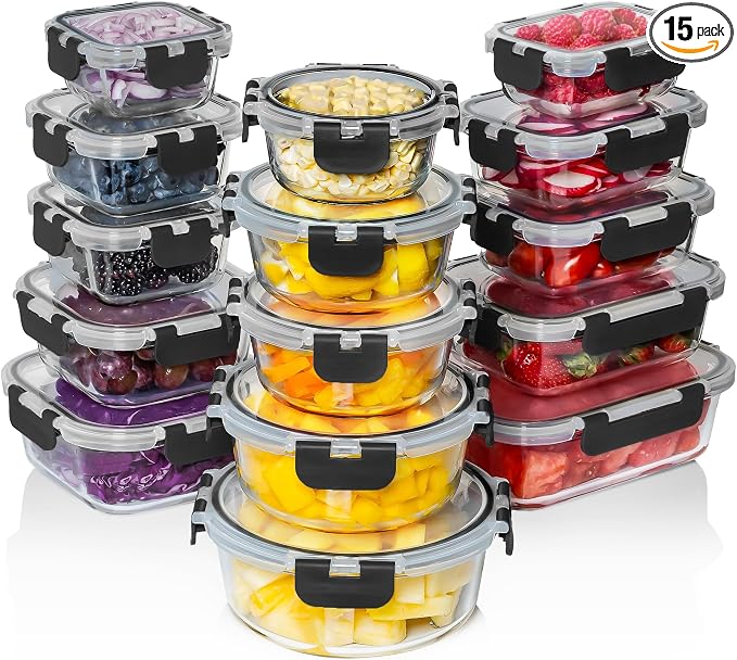 0 PC Glass Food Storage Containers with Lids - Reusable Glass Meal Prep Containers for Lunch and Leftovers - Airtight & Leakproof Snap Locking Lids - Oven, Freezer, Microwave, Dishwasher Safe