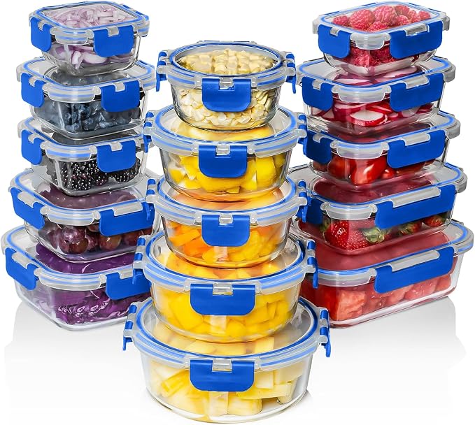 0 PC Glass Food Storage Containers with Lids - Reusable Glass Meal Prep Containers for Lunch and Leftovers - Airtight & Leakproof Snap Locking Lids - Oven, Freezer, Microwave, Dishwasher Safe