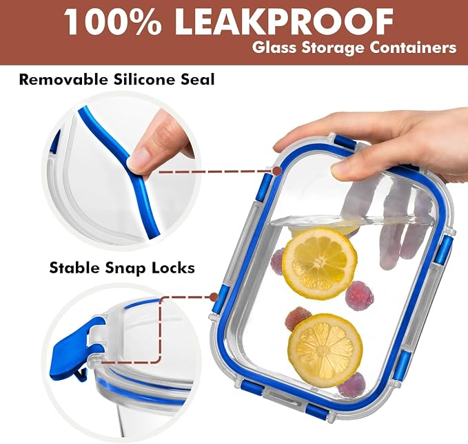 0 PC Glass Food Storage Containers with Lids - Reusable Glass Meal Prep Containers for Lunch and Leftovers - Airtight & Leakproof Snap Locking Lids - Oven, Freezer, Microwave, Dishwasher Safe