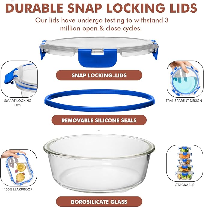 0 PC Glass Food Storage Containers with Lids - Reusable Glass Meal Prep Containers for Lunch and Leftovers - Airtight & Leakproof Snap Locking Lids - Oven, Freezer, Microwave, Dishwasher Safe