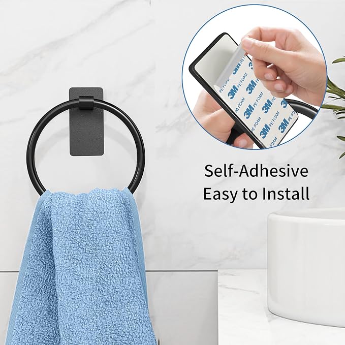 Black Hand Towel Holder for Bathroom, Adhesive Towel Rings, 2 Pack