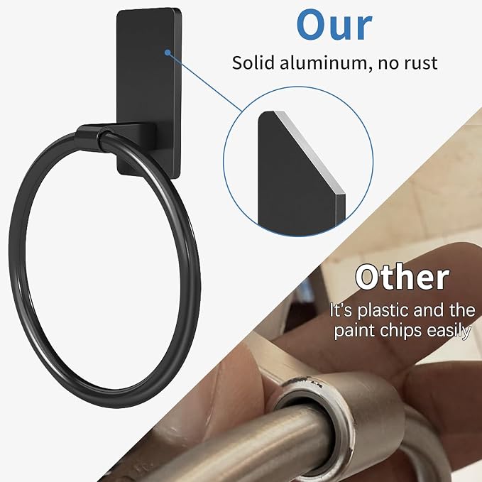 Black Hand Towel Holder for Bathroom, Adhesive Towel Rings, 2 Pack