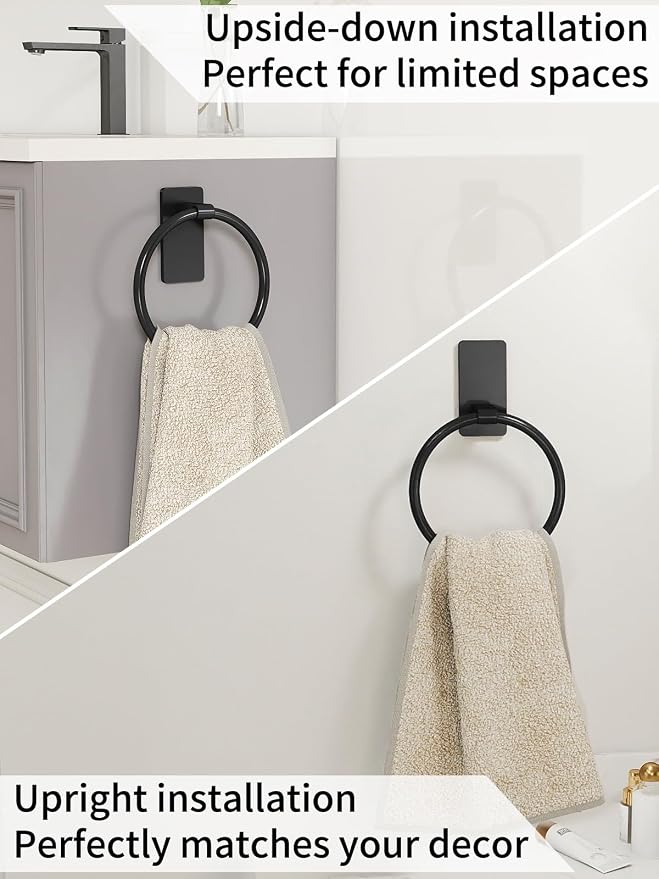 Black Hand Towel Holder for Bathroom, Adhesive Towel Rings, 2 Pack