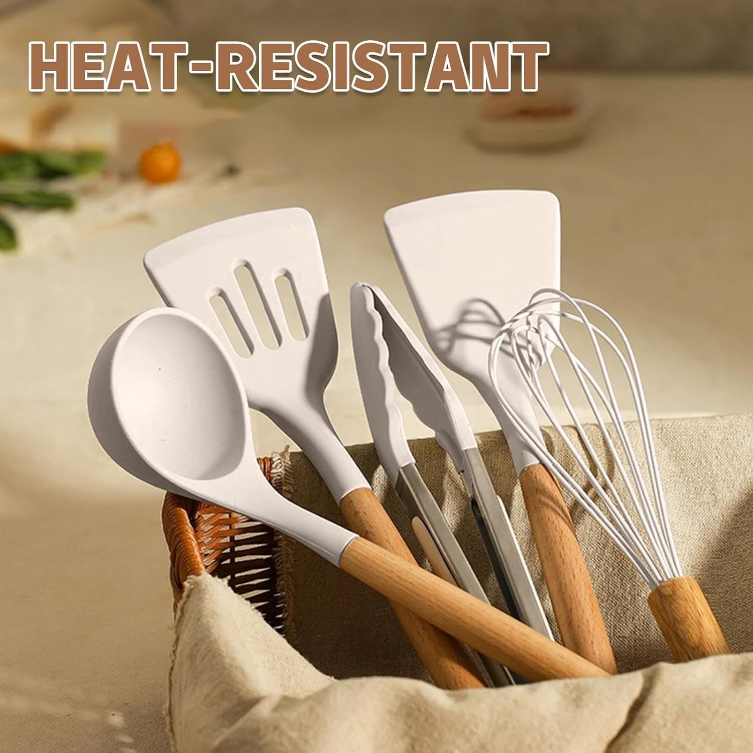 Kitchen Cooking Utensils Set, 33 pcs Non-Stick Silicone Cooking Kitchen Utensils Spatula Set with Holder, Wooden Handle Silicone Kitchen Gadgets Utensil Set (Khaki)