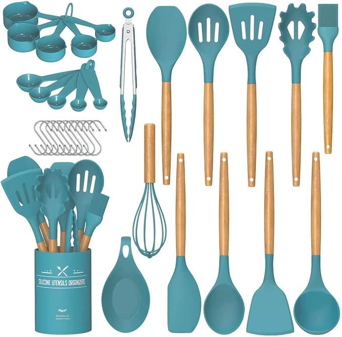 Kitchen Cooking Utensils Set, 33 pcs Non-Stick Silicone Cooking Kitchen Utensils Spatula Set with Holder, Wooden Handle Silicone Kitchen Gadgets Utensil Set (Khaki)
