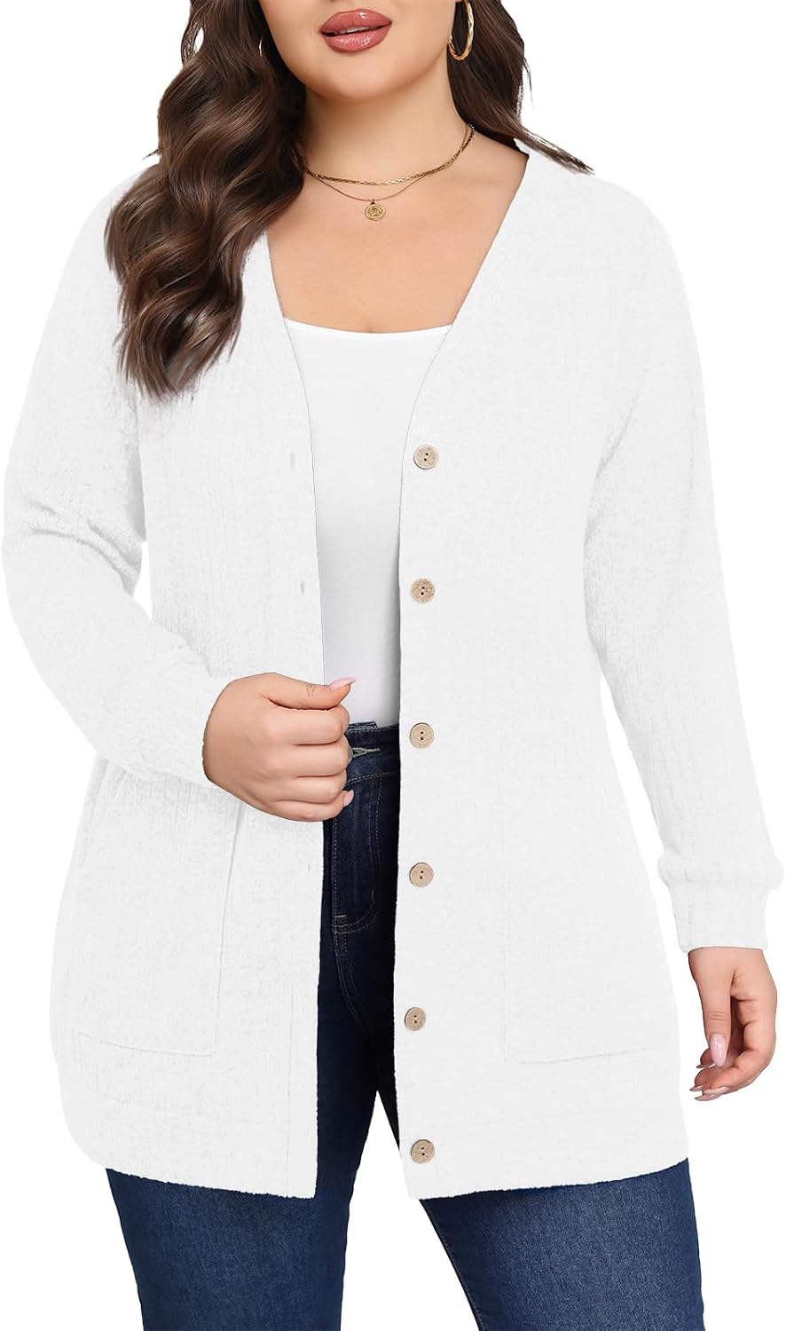 Women Plus Size Cardigan Fall Thin Sweaters with Pockets 1X-5X