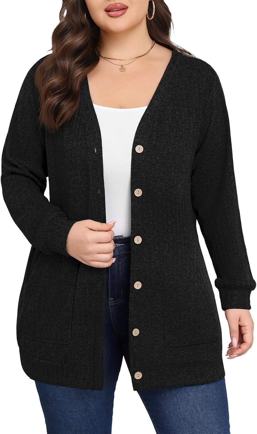 Women Plus Size Cardigan Fall Thin Sweaters with Pockets 1X-5X