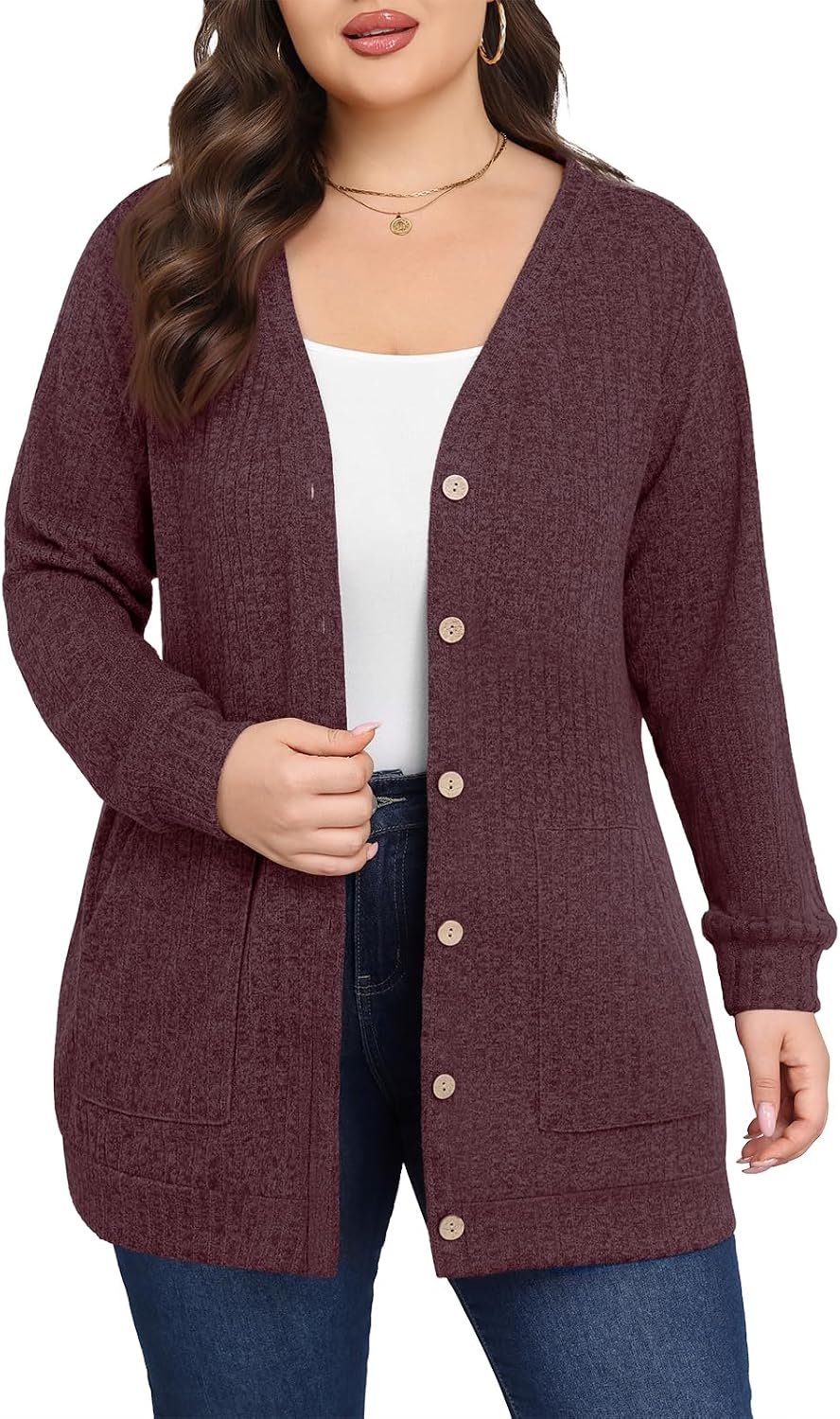 Women Plus Size Cardigan Fall Thin Sweaters with Pockets 1X-5X