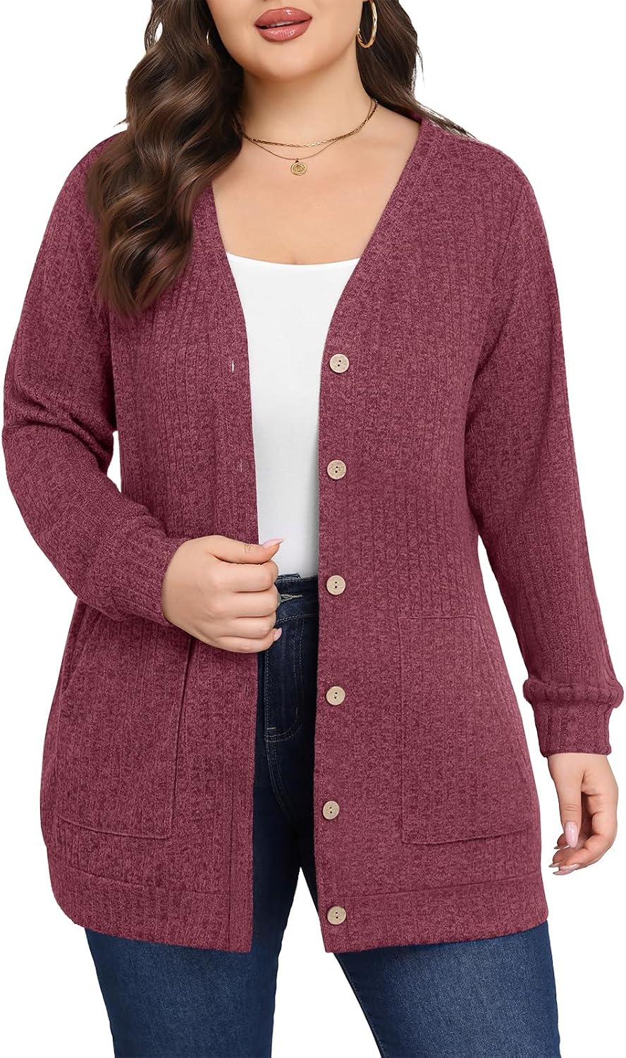 Women Plus Size Cardigan Fall Thin Sweaters with Pockets 1X-5X