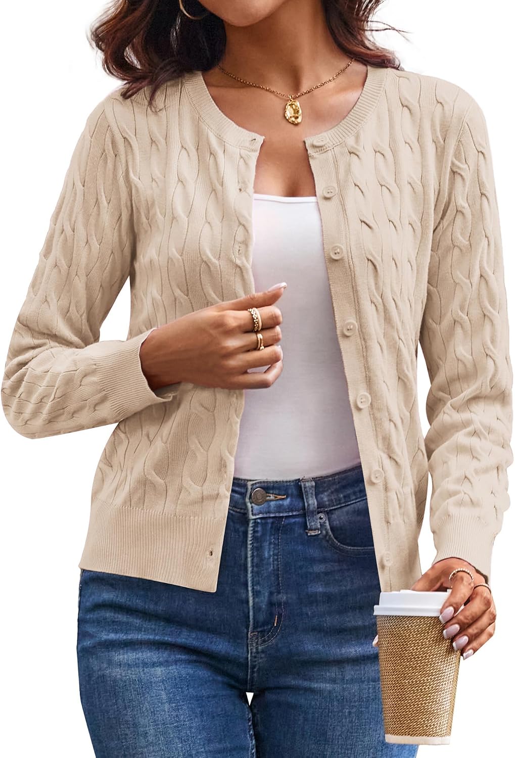 Cable Knit Cardigan Sweaters for Women Lightweight Fall Outfits