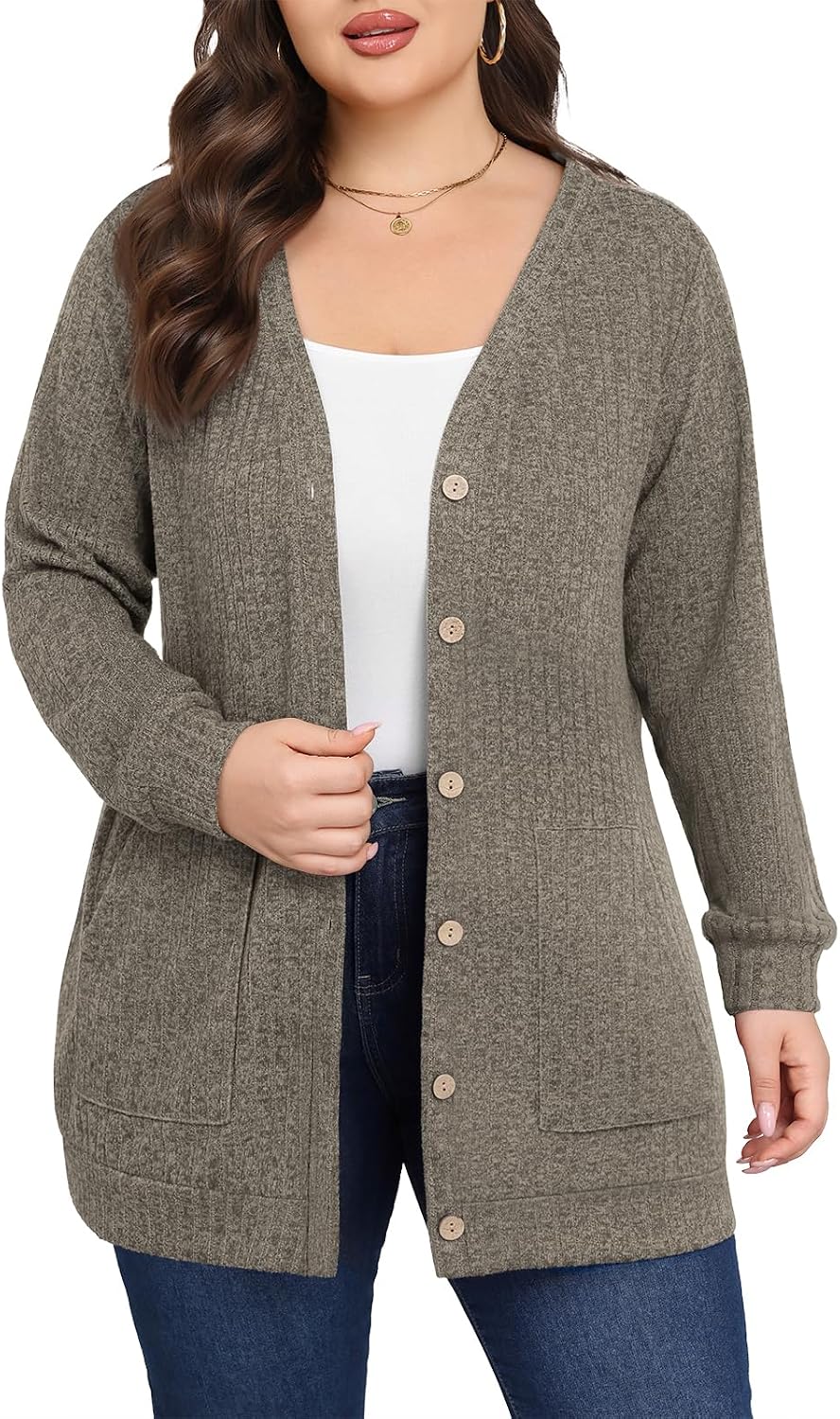 Women Plus Size Cardigan Fall Thin Sweaters with Pockets 1X-5X