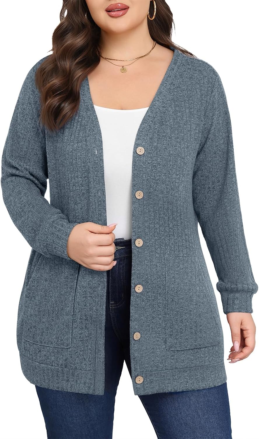 Women Plus Size Cardigan Fall Thin Sweaters with Pockets 1X-5X