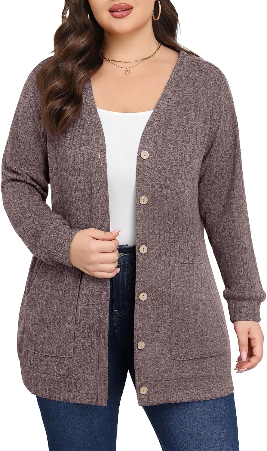 Women Plus Size Cardigan Fall Thin Sweaters with Pockets 1X-5X