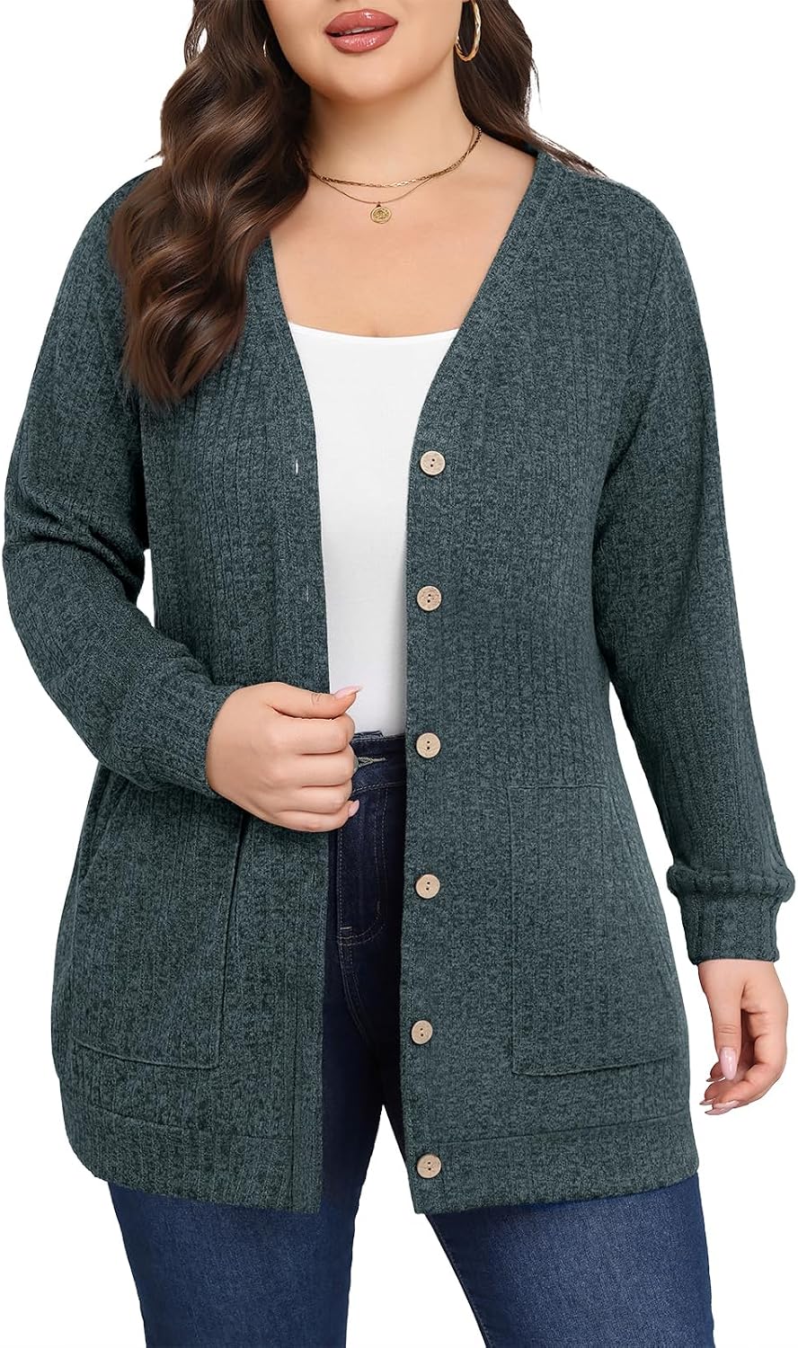 Women Plus Size Cardigan Fall Thin Sweaters with Pockets 1X-5X