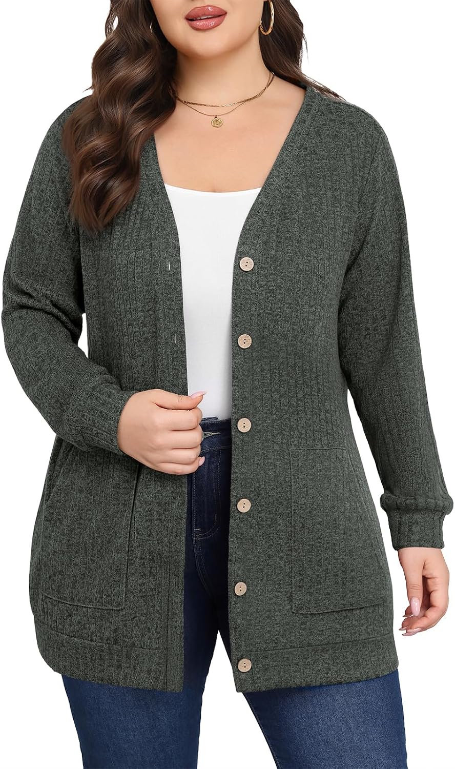 Women Plus Size Cardigan Fall Thin Sweaters with Pockets 1X-5X
