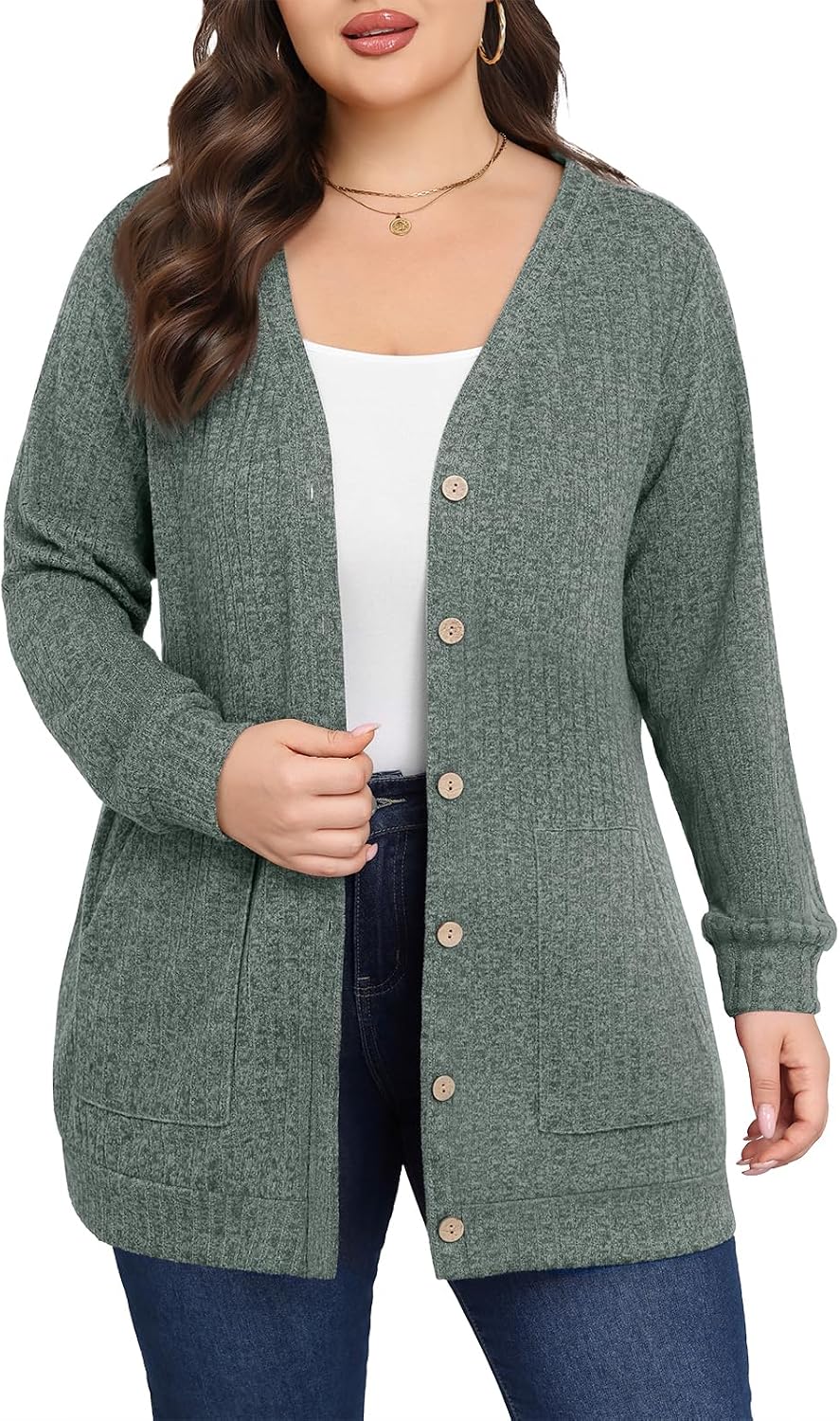 Women Plus Size Cardigan Fall Thin Sweaters with Pockets 1X-5X