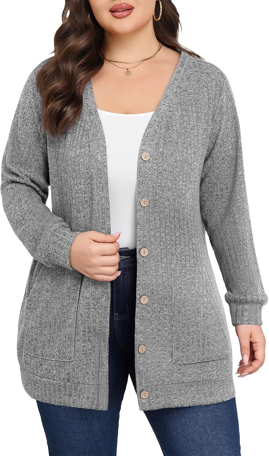 Women Plus Size Cardigan Fall Thin Sweaters with Pockets 1X-5X