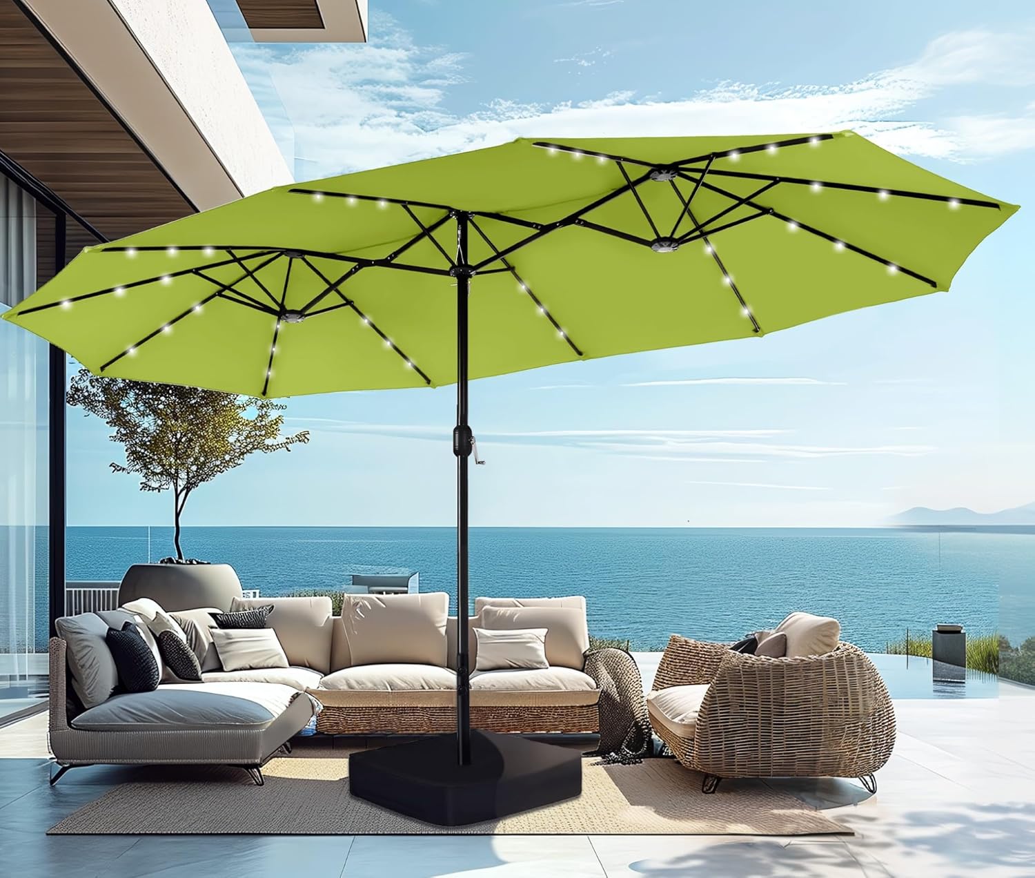15ft Extra Large Solar LED Double-Sided Umbrella w/ Stand