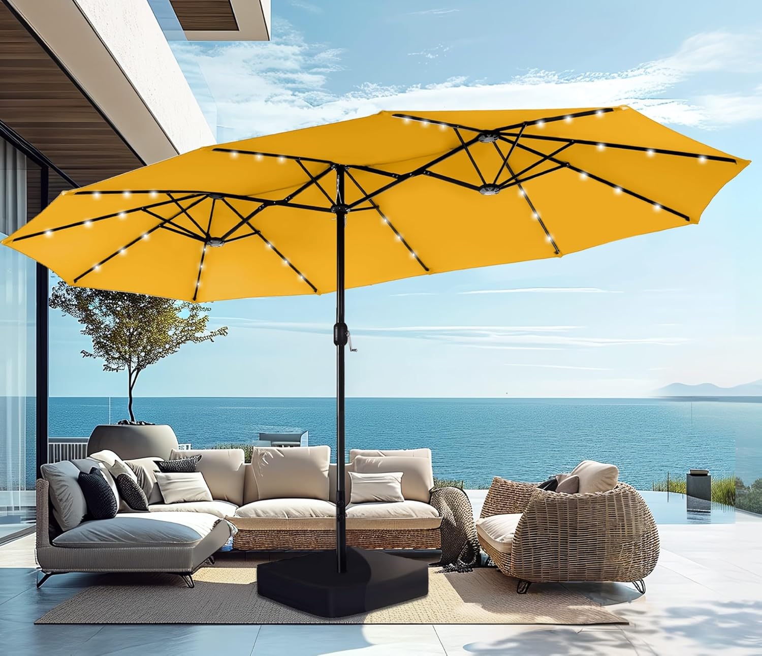15ft Extra Large Solar LED Double-Sided Umbrella w/ Stand