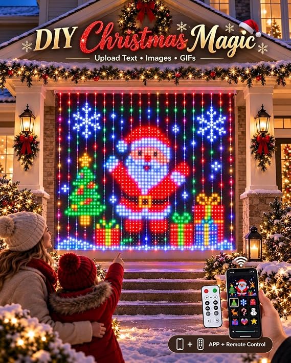 Smart Christmas curtain lights featuring app control and music synchronization; suitable for DIY curtain-style hanging decorations.