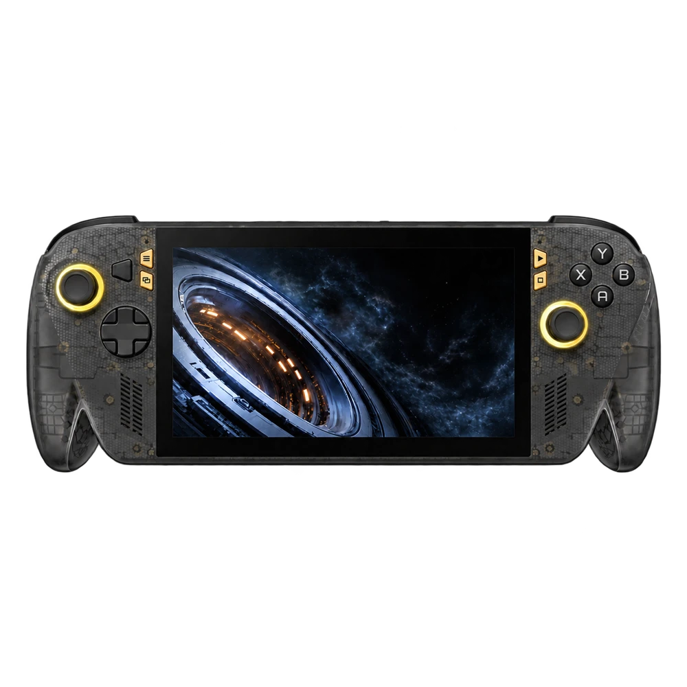 Front view of a translucent black gaming handheld with gold joystick lighting