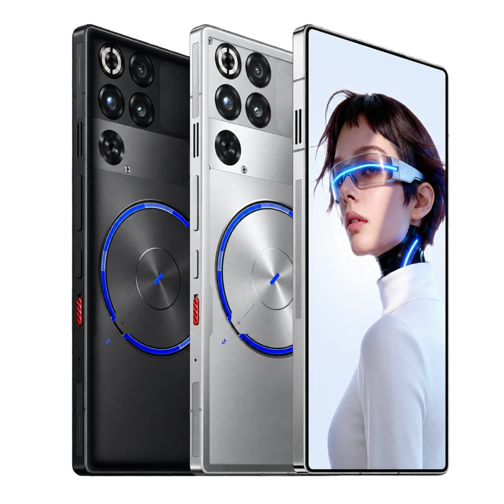 Black and white gaming smartphones with blue cooling accents