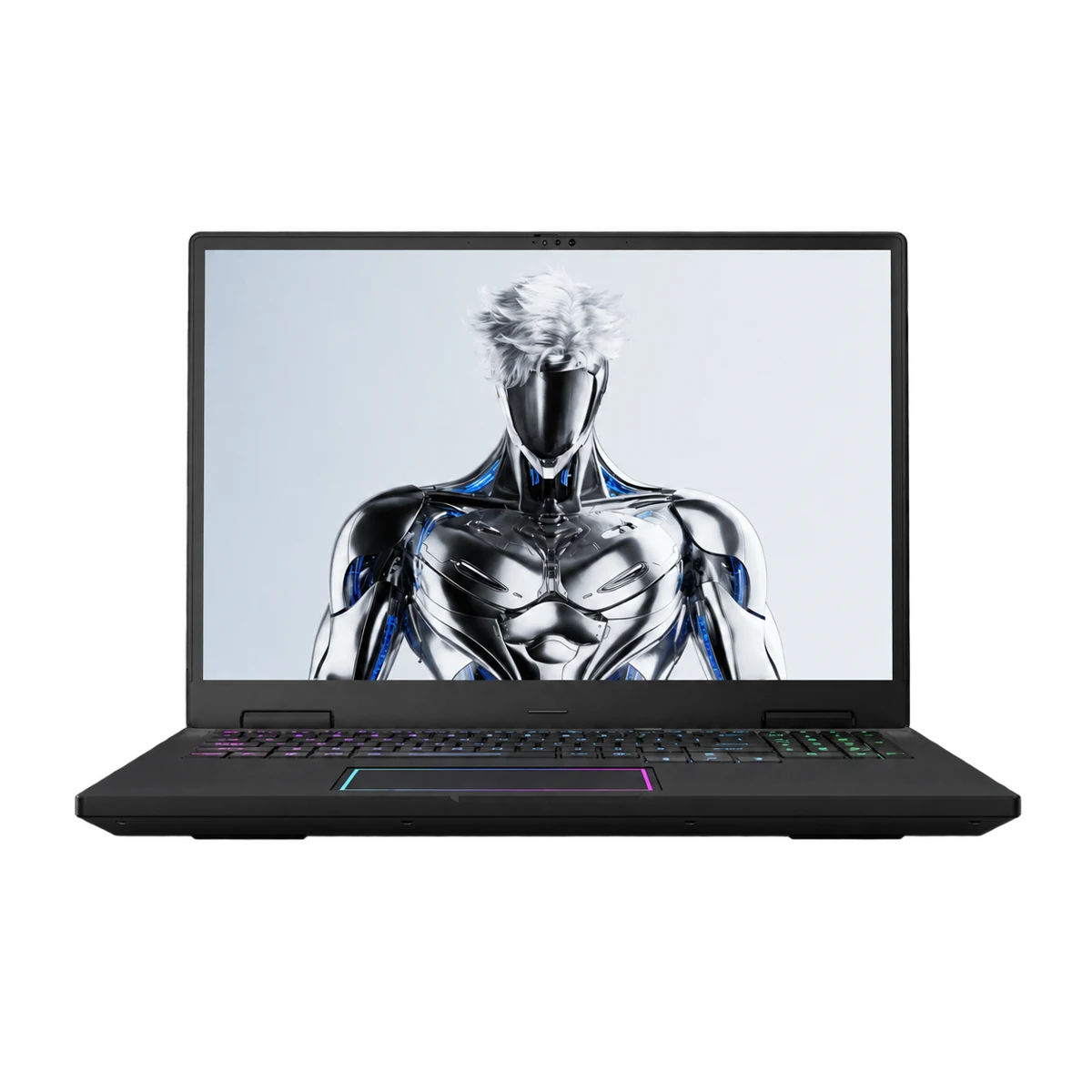 Dark 16-inch gaming laptop front view with multicolor RGB keyboard