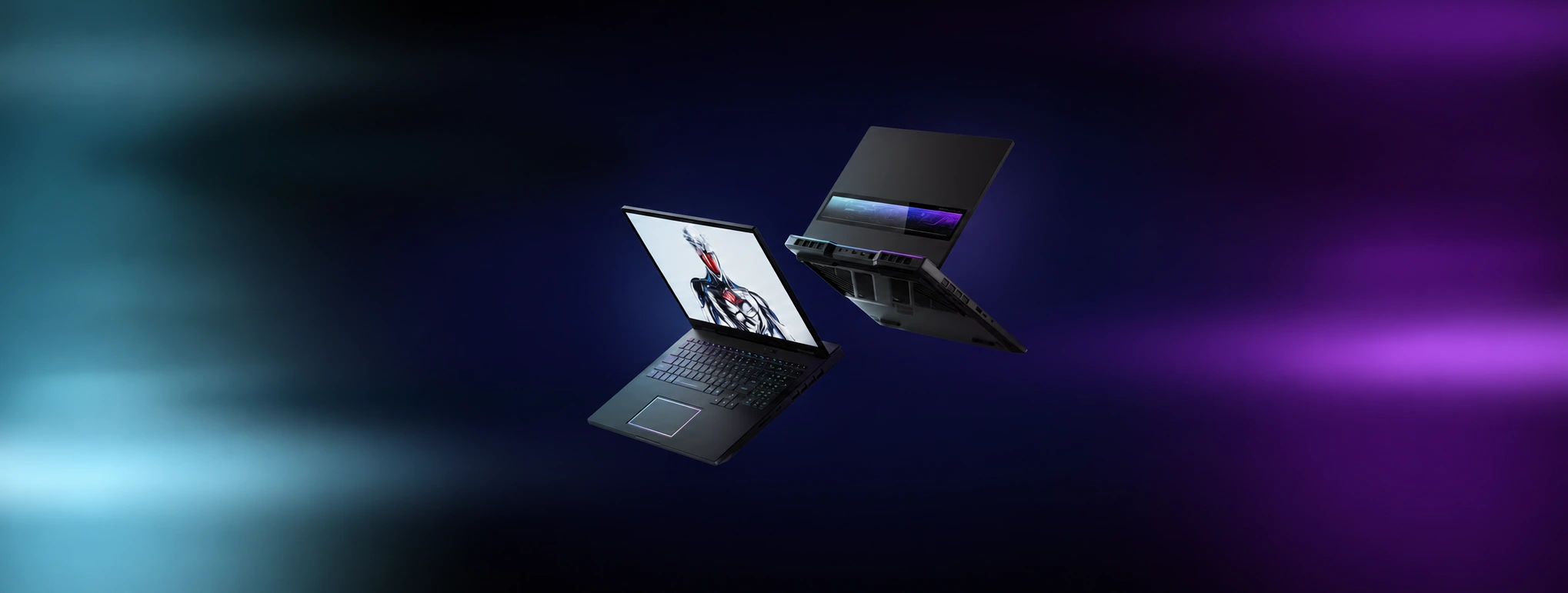 Two gaming laptops with cyan and violet background