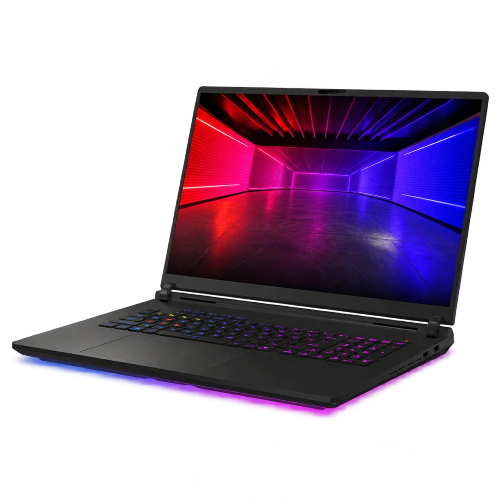 Black 18-inch gaming laptop with a red and blue abstract screen and multicolor RGB lighting