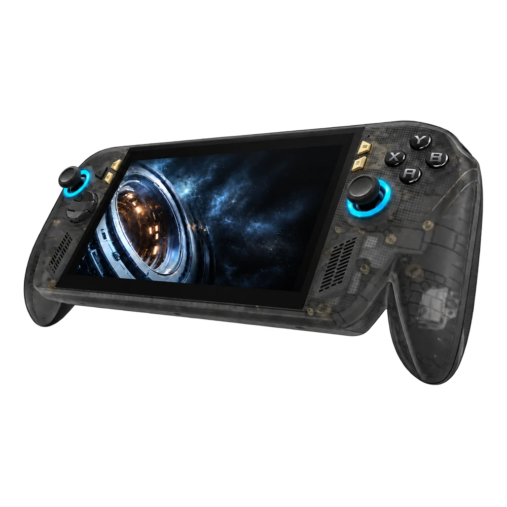Angled handheld view with cyan-blue joystick light rings and an abstract screen