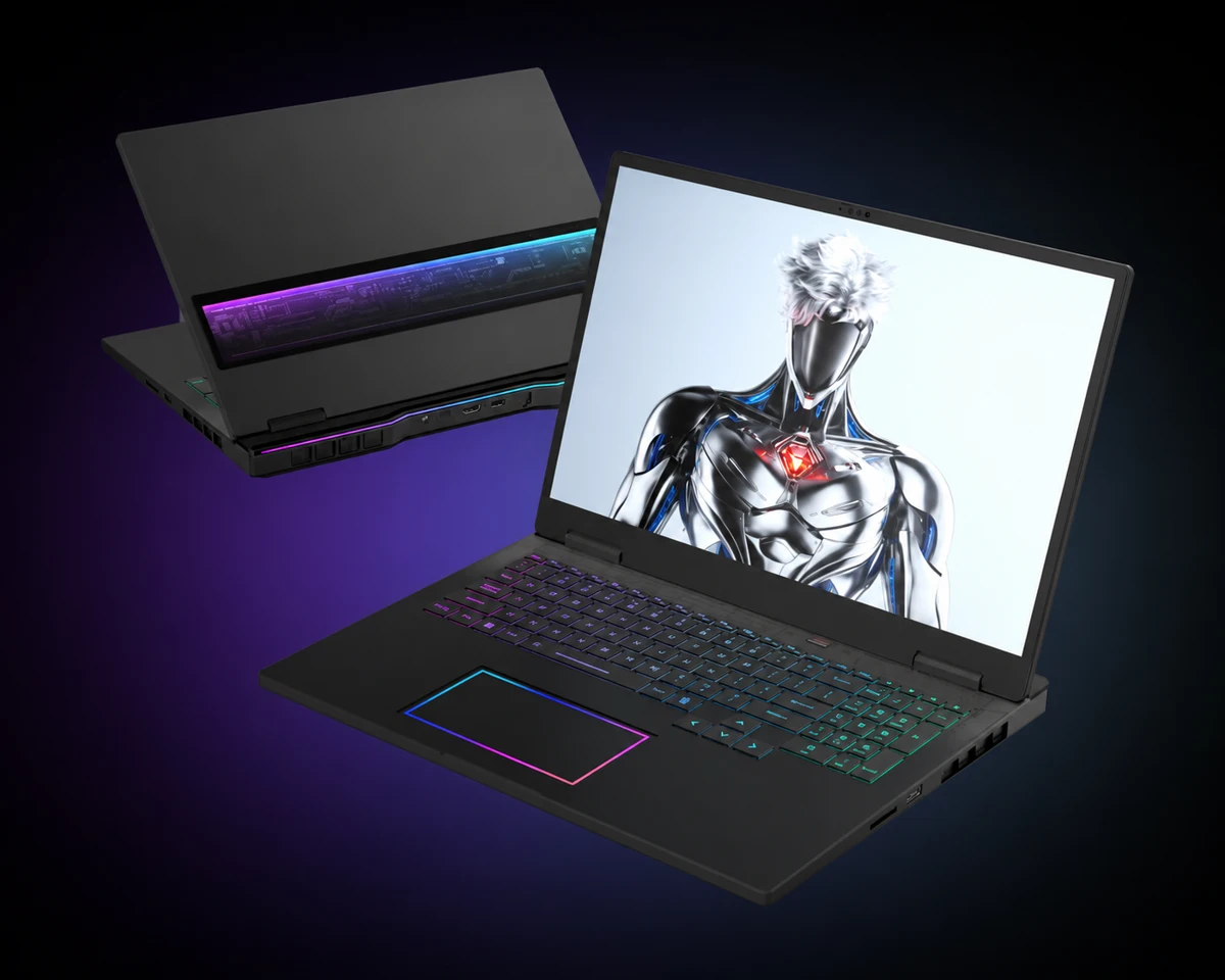 Gaming laptop open display and glass rear panel with RGB lighting