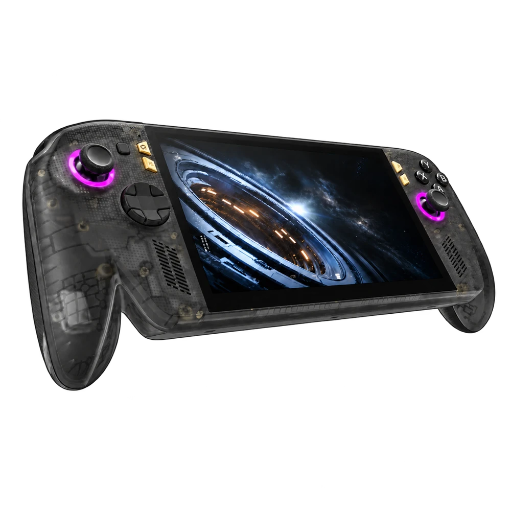 The same translucent black finish shown with violet joystick lighting