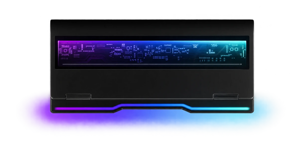 Glass circuit panel and rear RGB light bar in purple blue and cyan