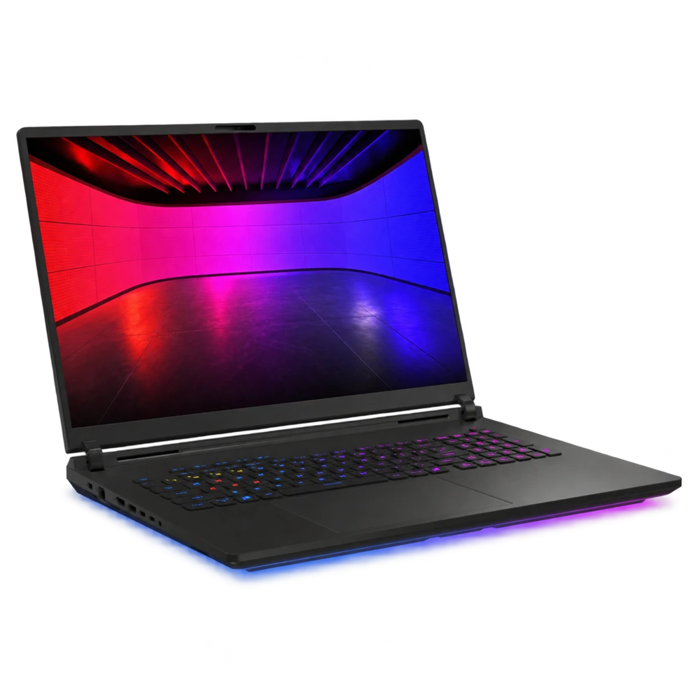 Gaming laptop viewed from the left with keyboard and side connections visible