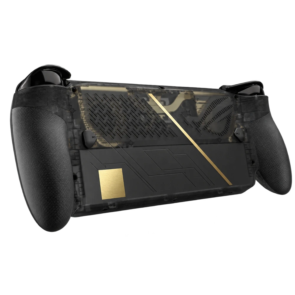Rear angled view of the translucent shell, textured grips and plain gold accents
