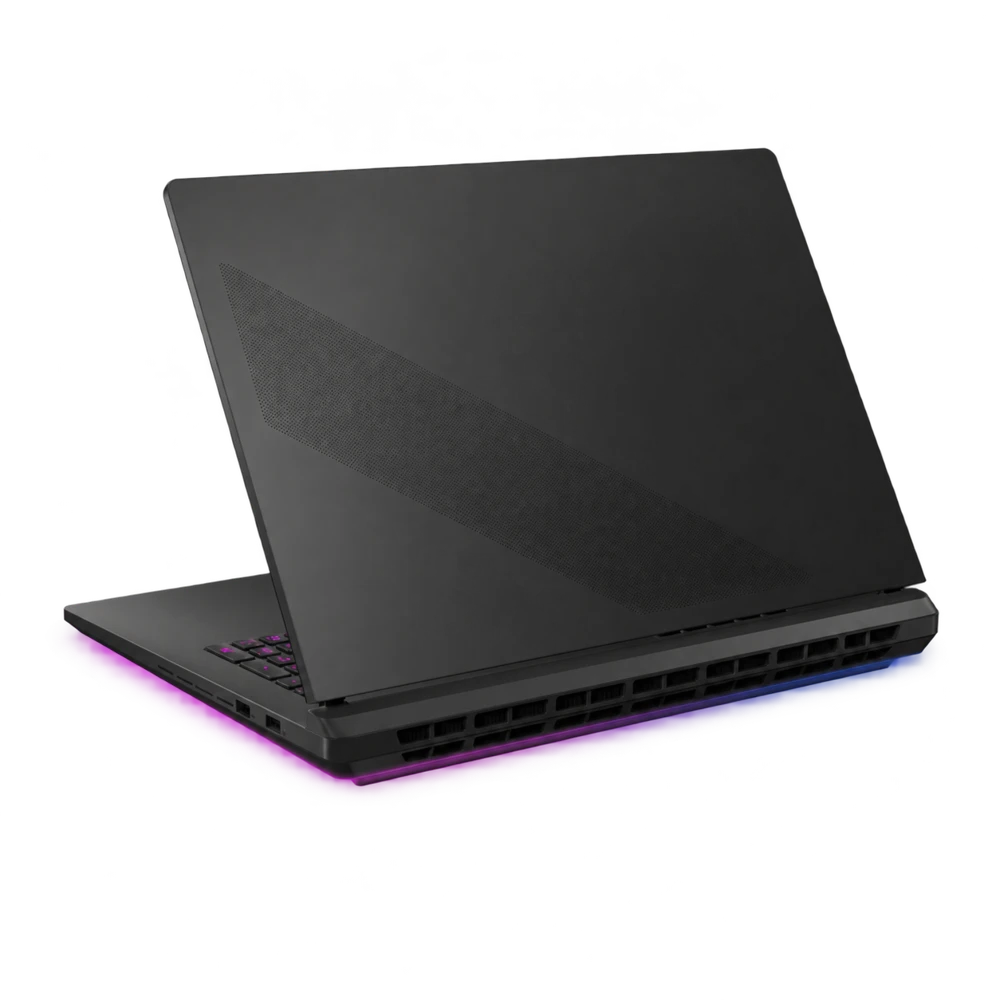 Rear left view of the black laptop with blue and magenta RGB accents