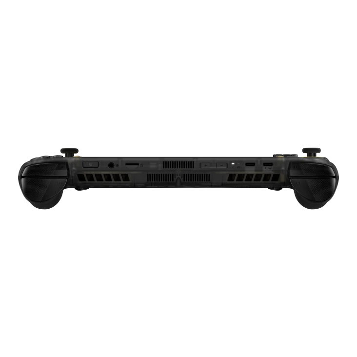 Top view showing USB-C ports, audio jack, microSD slot, volume controls and power button