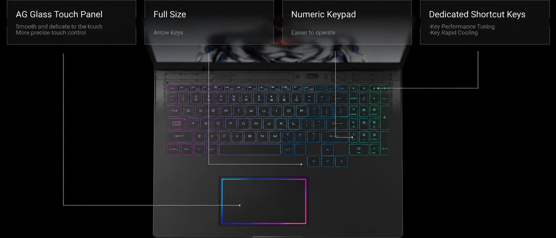 Full-size RGB keyboard and glass touchpad
