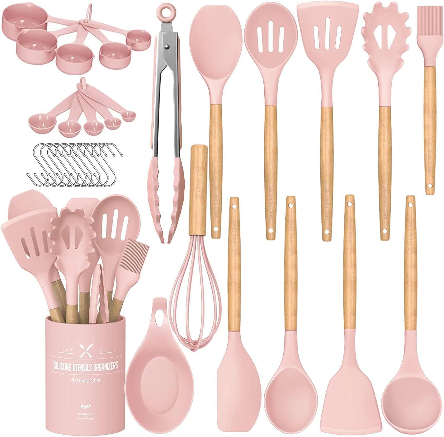 fKitchen Cooking Utensils Set, 33 pcs Non-Stick Silicone Cooking Kitchen Utensils Spatula Set with Holder, Wooden Handle Silicone Kitchen Gadgets Utensil Set (Khaki)