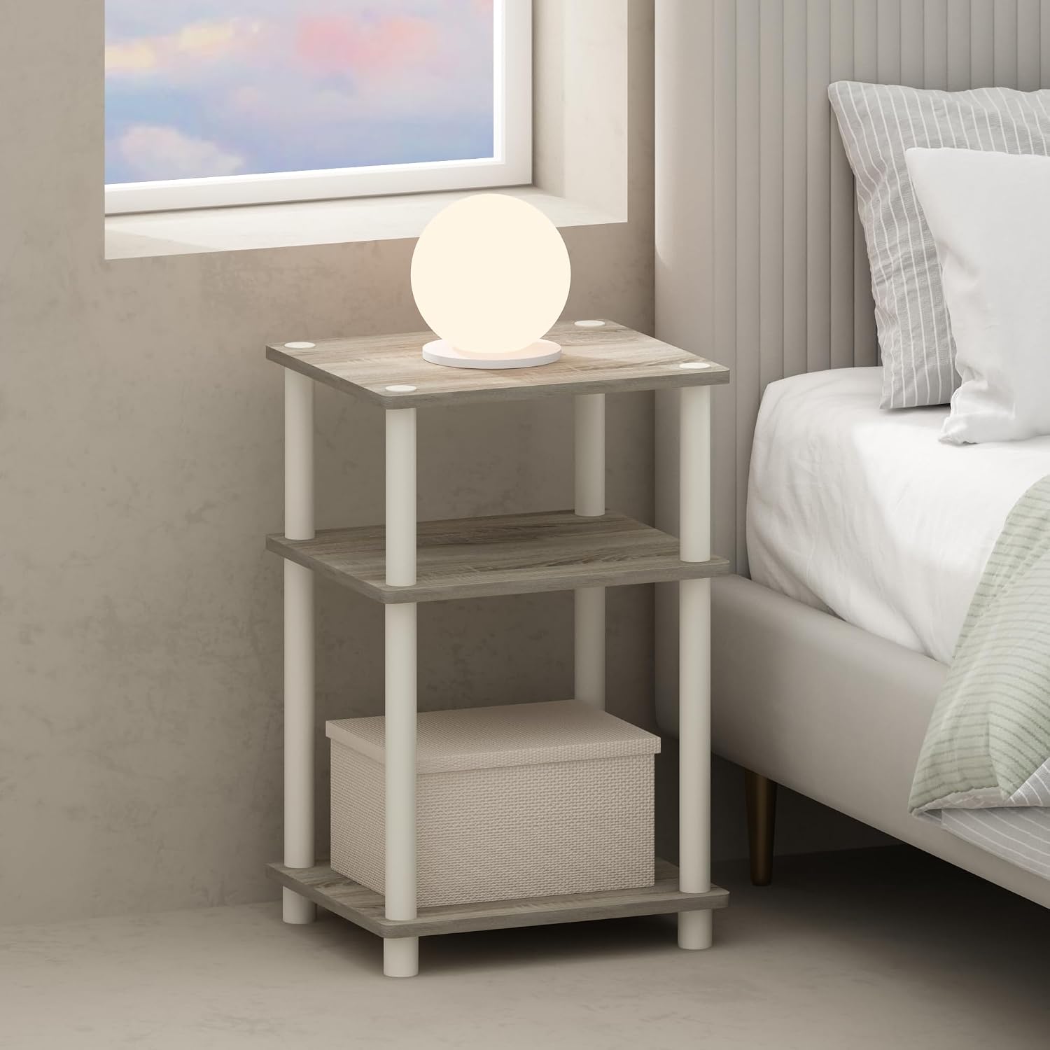  JUST Toolless 3-Tier Night Stand, Open Storage, White