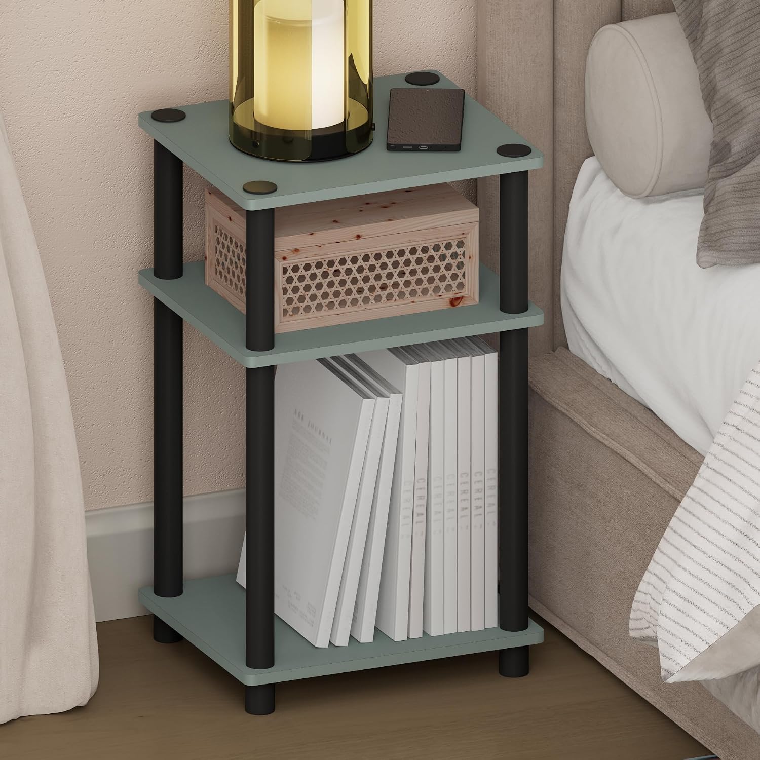  JUST Toolless 3-Tier Night Stand, Open Storage, White
